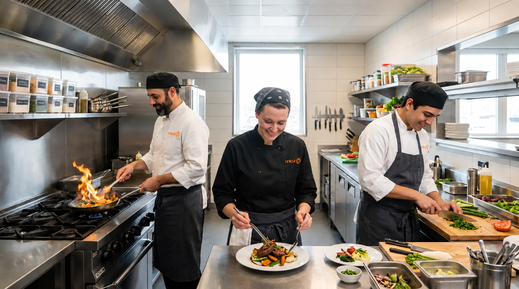 Hospitality team working in a commercial kitchen